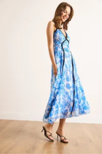 Olalook Women's Blue Piping Detailed Strap Lined Midi Dress - Image 6