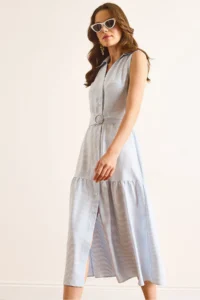 Olalook Women's Blue Belted Striped Buttoned Maxi Dress