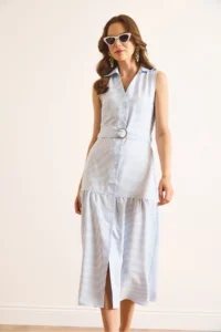 Olalook Women's Blue Belted Striped Buttoned Maxi Dress - Image 2