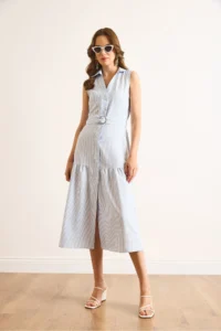 Olalook Women's Blue Belted Striped Buttoned Maxi Dress - Image 3