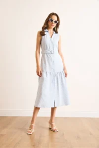 Olalook Women's Blue Belted Striped Buttoned Maxi Dress - Image 4