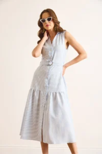 Olalook Women's Blue Belted Striped Buttoned Maxi Dress - Image 5