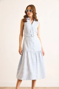 Olalook Women's Blue Belted Striped Buttoned Maxi Dress - Image 6