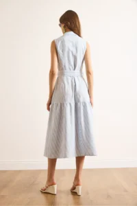 Olalook Women's Blue Belted Striped Buttoned Maxi Dress - Image 7