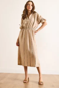 Olalook Women's Camel Polo Neck Elastic Waist Striped Lined Midi Flowy Dress