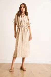 Olalook Women's Camel Polo Neck Elastic Waist Striped Lined Midi Flowy Dress - Image 2