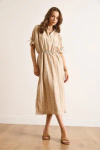 Olalook Women's Camel Polo Neck Elastic Waist Striped Lined Midi Flowy Dress - Image 3