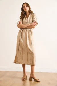 Olalook Women's Camel Polo Neck Elastic Waist Striped Lined Midi Flowy Dress - Image 4