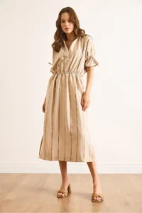 Olalook Women's Camel Polo Neck Elastic Waist Striped Lined Midi Flowy Dress - Image 5