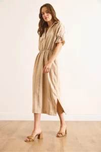 Olalook Women's Camel Polo Neck Elastic Waist Striped Lined Midi Flowy Dress - Image 6