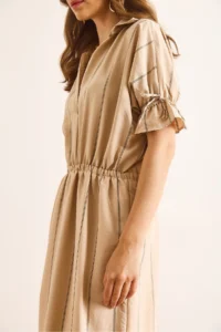 Olalook Women's Camel Polo Neck Elastic Waist Striped Lined Midi Flowy Dress - Image 7