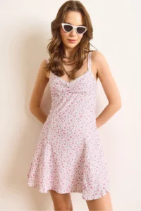 Olalook Women's White Pink Lace Detailed Roba Gathered Lined Mini Flared Dress