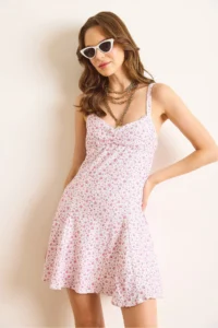 Olalook Women's White Pink Lace Detailed Roba Gathered Lined Mini Flared Dress - Image 2