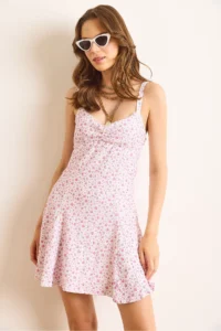 Olalook Women's White Pink Lace Detailed Roba Gathered Lined Mini Flared Dress - Image 4