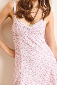 Olalook Women's White Pink Lace Detailed Roba Gathered Lined Mini Flared Dress - Image 6