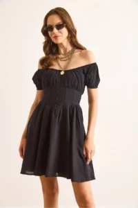 Olalook Women's Black Carmen Collar Waist Bodice Detailed Lined Mini Flared Dress - Image 2