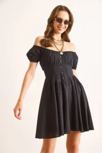 Olalook Women's Black Carmen Collar Waist Bodice Detailed Lined Mini Flared Dress - Image 3
