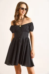 Olalook Women's Black Carmen Collar Waist Bodice Detailed Lined Mini Flared Dress - Image 4