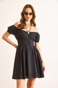 Olalook Women's Black Carmen Collar Waist Bodice Detailed Lined Mini Flared Dress - Image 5