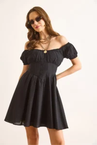 Olalook Women's Black Carmen Collar Waist Bodice Detailed Lined Mini Flared Dress - Image 6