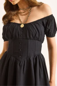 Olalook Women's Black Carmen Collar Waist Bodice Detailed Lined Mini Flared Dress - Image 7