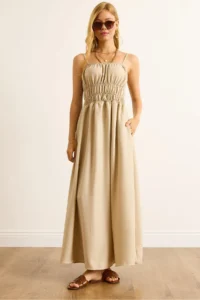 Olalook Women's Stone Strap Adjustable Pocket Gipe Detailed Maxi Dress