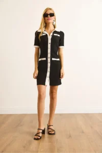 Olalook Women's Black Buttoned Accessory Pocket Ribbed Mini Dress - Image 2