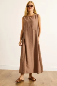 Olalook Women's Camel Pocket Sewing Detailed Maxi Crinkle Dress