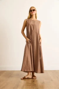 Olalook Women's Camel Pocket Sewing Detailed Maxi Crinkle Dress - Image 2