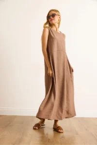 Olalook Women's Camel Pocket Sewing Detailed Maxi Crinkle Dress - Image 3