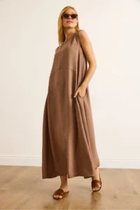 Olalook Women's Camel Pocket Sewing Detailed Maxi Crinkle Dress - Image 4