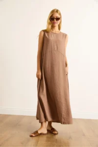 Olalook Women's Camel Pocket Sewing Detailed Maxi Crinkle Dress - Image 5