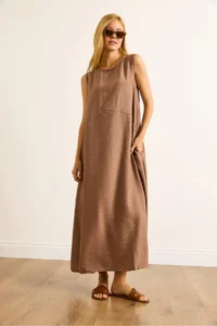 Olalook Women's Camel Pocket Sewing Detailed Maxi Crinkle Dress - Image 6