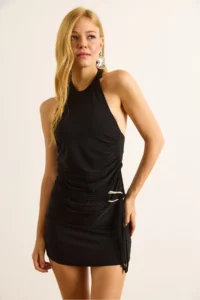 Olalook Women's Black Halter Neck Backless Mini Dress with Accessories - Image 3