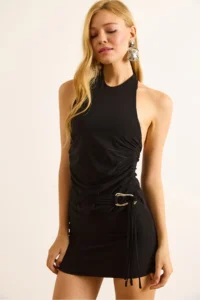 Olalook Women's Black Halter Neck Backless Mini Dress with Accessories - Image 5