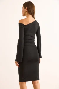 Olalook Women's Black Boat Neck Drape Detailed Spanish Sleeve Polyamide Dress - Image 7