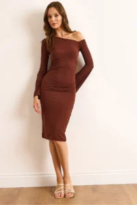 Olalook Women's Bitter Brown Boat Neck Drape Detailed Spanish Sleeve Polyamide Dress
