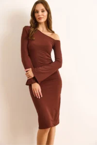 Olalook Women's Bitter Brown Boat Neck Drape Detailed Spanish Sleeve Polyamide Dress - Image 3