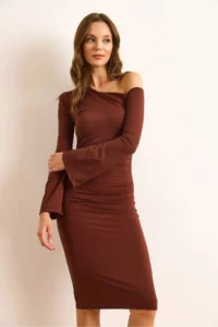 Olalook Women's Bitter Brown Boat Neck Drape Detailed Spanish Sleeve Polyamide Dress - Image 4