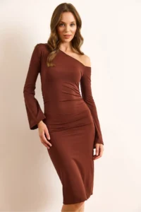 Olalook Women's Bitter Brown Boat Neck Drape Detailed Spanish Sleeve Polyamide Dress - Image 5