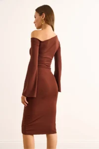 Olalook Women's Bitter Brown Boat Neck Drape Detailed Spanish Sleeve Polyamide Dress - Image 7