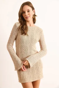 Olalook Women's Mink Backless Spanish Sleeve Textured Mini Knitwear Dress - Image 2