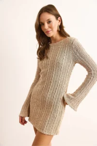 Olalook Women's Mink Backless Spanish Sleeve Textured Mini Knitwear Dress - Image 4