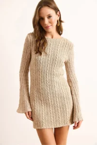 Olalook Women's Mink Backless Spanish Sleeve Textured Mini Knitwear Dress - Image 6