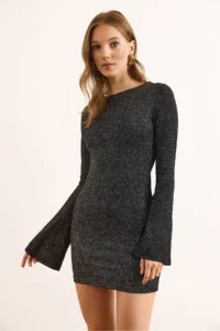 Olalook Women's Black Lined Silvery Backless Mini Elegant Dress - Image 2