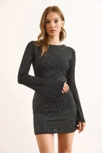 Olalook Women's Black Lined Silvery Backless Mini Elegant Dress - Image 3