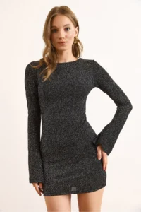 Olalook Women's Black Lined Silvery Backless Mini Elegant Dress - Image 4
