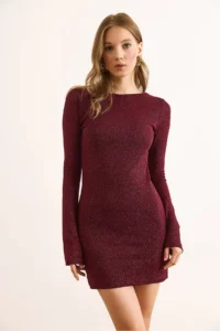 Olalook Women's Burgundy Lined Glittered Backless Mini Elegant Dress - Image 2