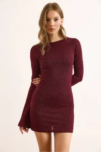 Olalook Women's Burgundy Lined Glittered Backless Mini Elegant Dress - Image 3
