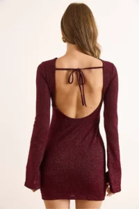 Olalook Women's Burgundy Lined Glittered Backless Mini Elegant Dress - Image 4